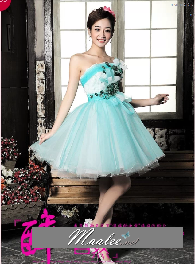 พร้อมเช่า ชุดแฟนซี เช่า 500 ชุดราตรีสั้น เกาะอก สีฟ้า ช่วงอกแต่งดอกเก๋มาก น่ารักฟรุ้งฟริ้ง