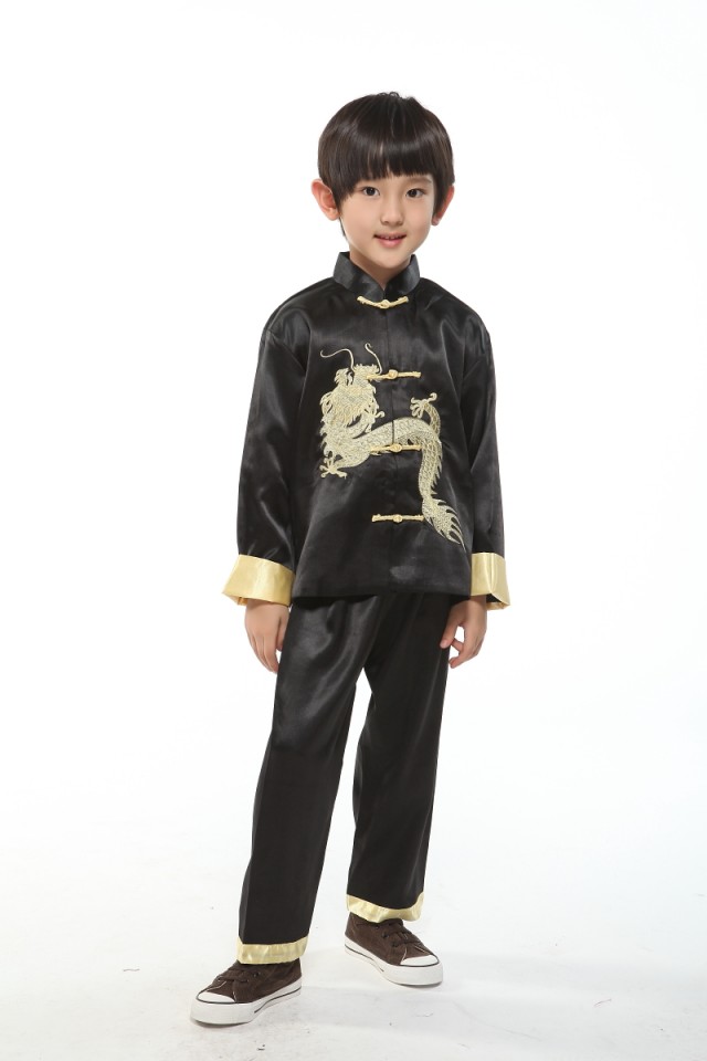 Pre-order ชุดจีนชายเด็ก เสื้อคอจีน ผ้าไหมจีน สีดำปักลายมังกร