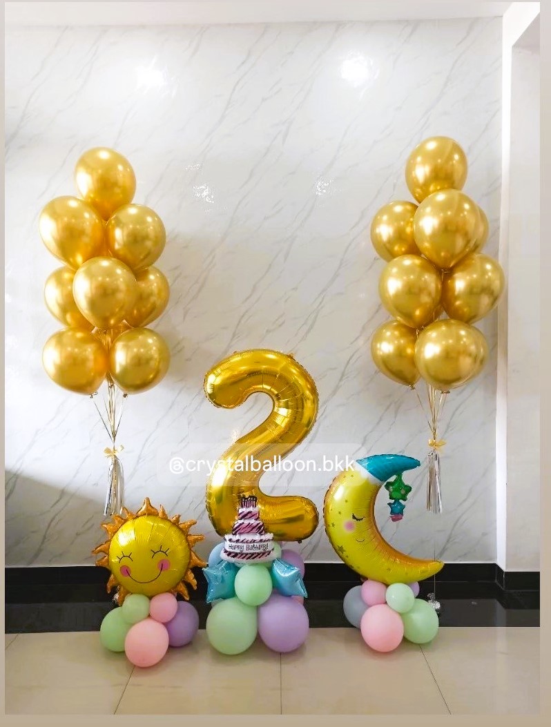 ลูกโป่ง แสดงความยินดี ช่อลูกโป่ง ช่อ 10 ลูก 2 ช่อ สีทองโครเมี่ยม, ฟอยล์ตัวเลขตั้งฐาน 40" 1 ชิ้น ,ฟอยล์การตูน 2 ชิ้น , พร้อมตกแต่ง สามารถเปลี่ยนสีลูกโป่ง/เปลี่ยนข้อความได้