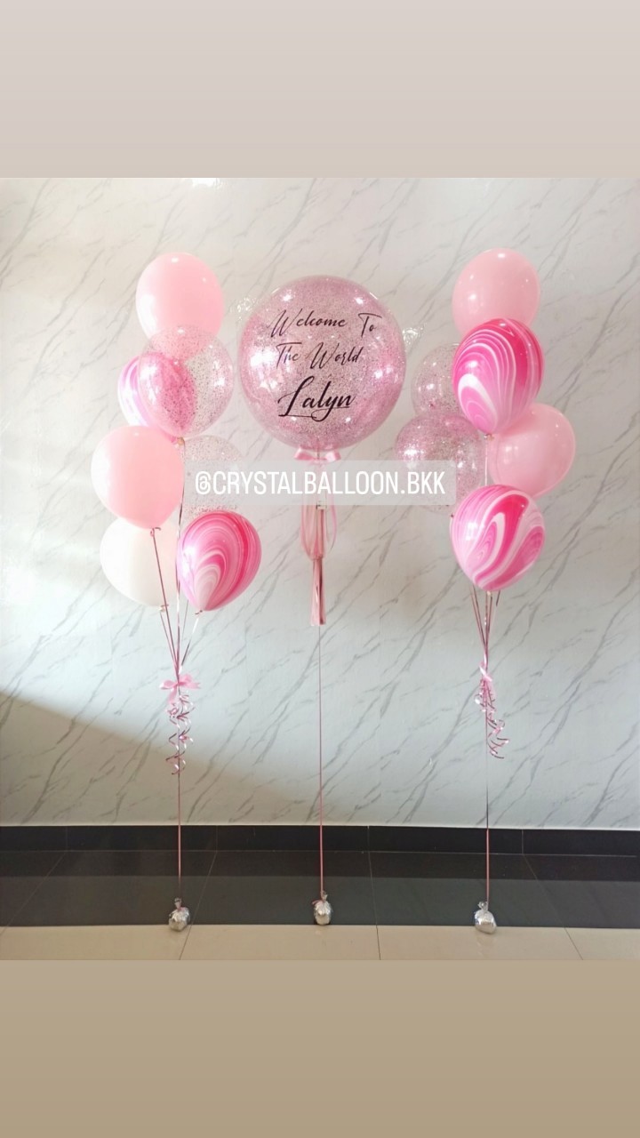 ลูกโป่ง Welcome Baby Bubble ขนาด 24" กลิตเตอร์สีชมพู พร้อมตกแต่ง ช่อลูกโป่ง 7 ลูก 2 ช่อ,ลูกโป่งลายหิน USA 4 ลูก สามารถเปลี่ยนสีลูกโป่ง/เปลี่ยนข้อความ/เปลี่ยนขนาดได้