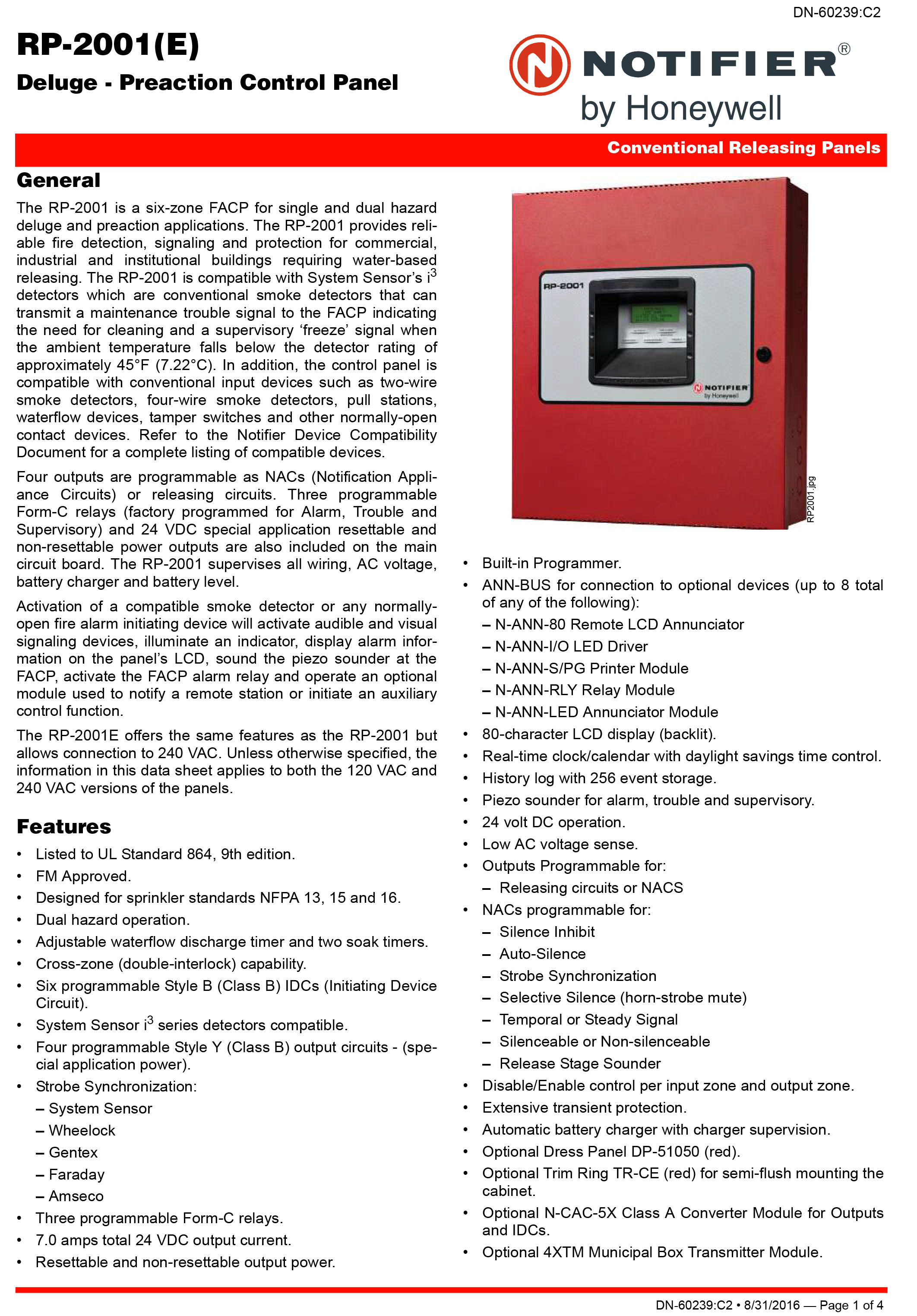 "NOTIFIER" RP-2001E Deluge - Preaction Control Panel UL/FM Standard