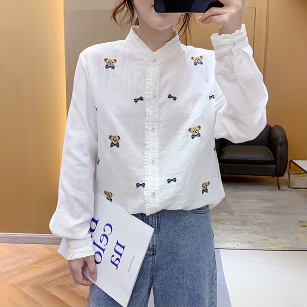 เสื้อเชิ้ตผ้าสาลูปักลายหมี