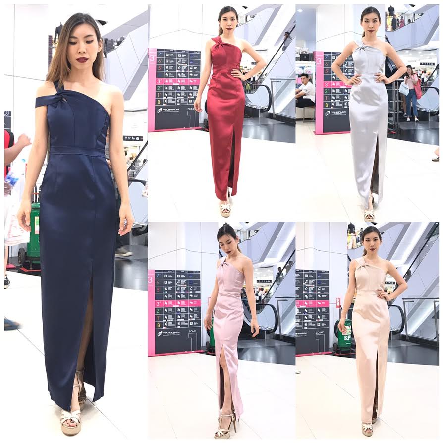 เช่าชุดราตรี ชุดเดรส ไหล่เดียว ผ้าดัชเชส แพทเทินเก๋ กระโปรงผ่าหน้า สีกรมท่า