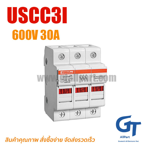 ฐานฟิวส์ Mersen Ferraz , USCC3I , Fuse Holders 600V 30A Class CC 3-pole Light Indicator