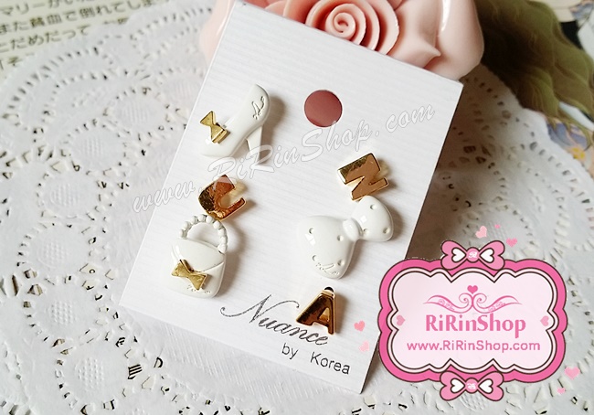 Nuance Korea ต่างหู Set. 6 ชิ้น ส้นสูง, โบว์, กระเป๋า สีขาว-ทอง
