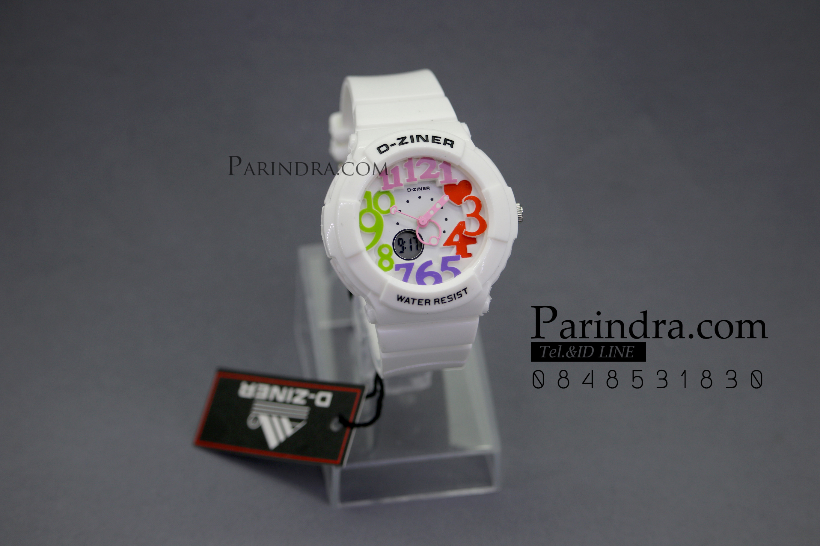 นาฬิกา D-ZINER สายซิลิโคนสีขาว หน้าปัดดำ ตัวเลขหลากสี