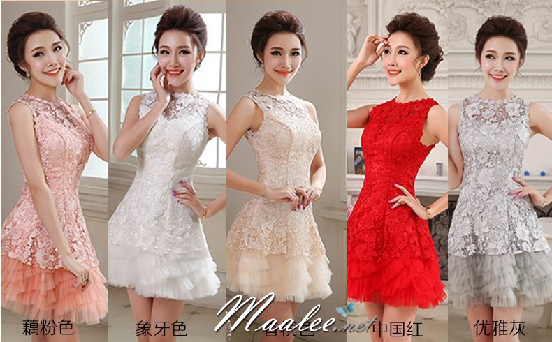 พร้อมเช่า ชุดราตรีสั้น แขนกุดลูกไม้ กระโปรงแต่งระบายสวยหรู สีเทา