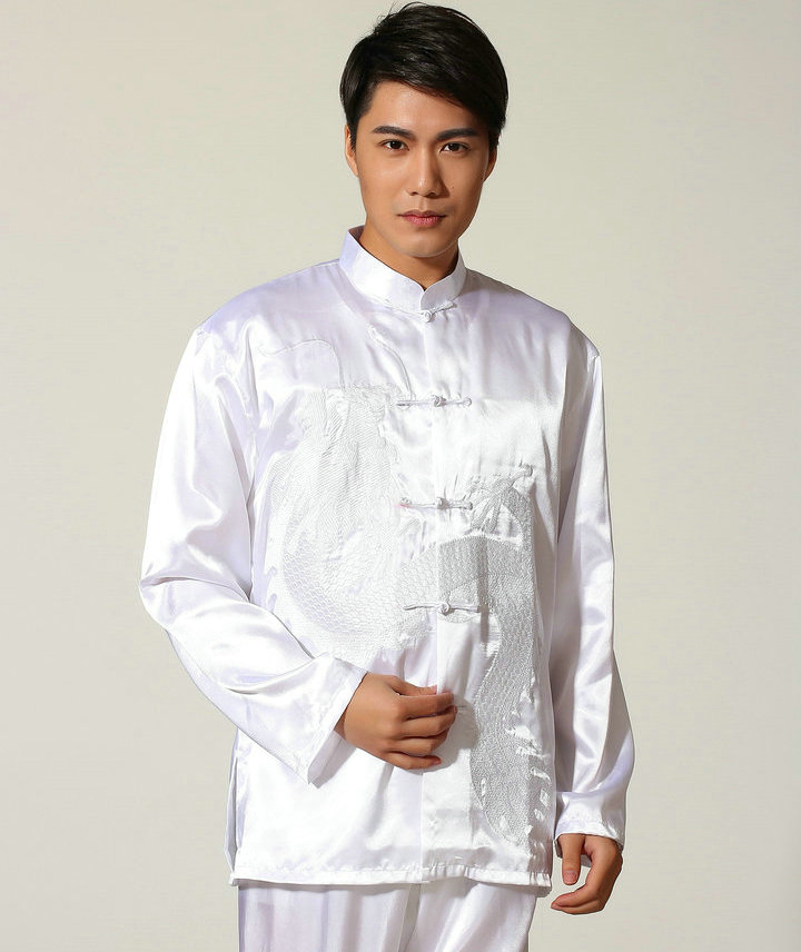 Pre-order ชุดจีน ชาย เสื้อพร้อมกางเกง สีขาว ปักลายมังกร