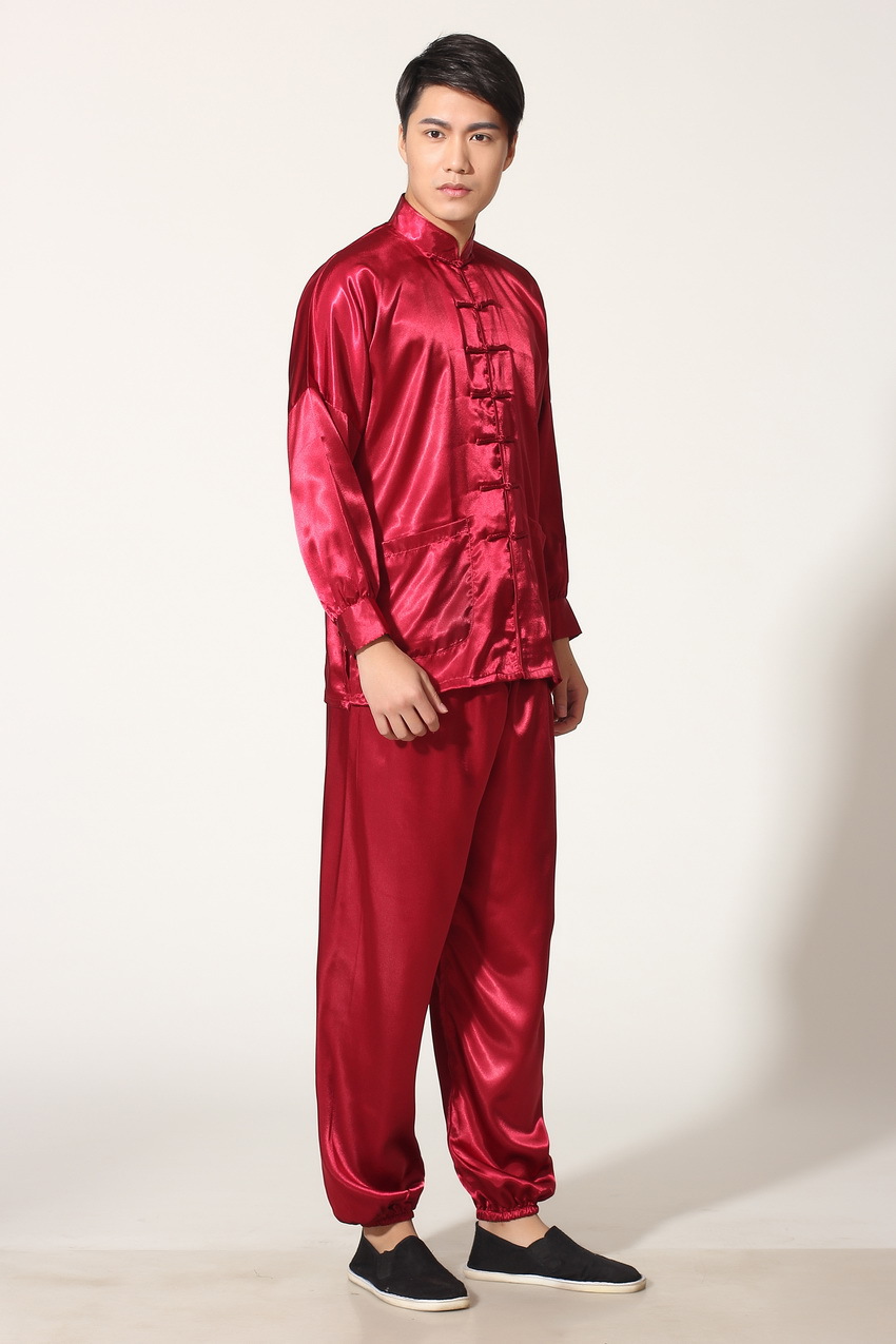 Pre-order ชุดจีนชาย แขนยาว ผ้าแพร สีแดง