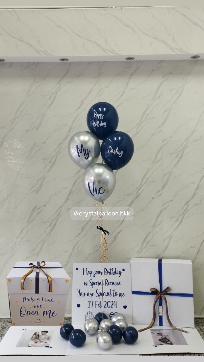 Happy Birthday Surprised Box กล่องเซอร์ไพรส์ พร้อม ลูกโป่ง 4 ลูก พร้อมตกเเต่ง สามารถใส่รูปได้ 2 ใบ สามารถเปลี่ยนสีลูกโป่ง/เปลี่ยนสีข้อความได้