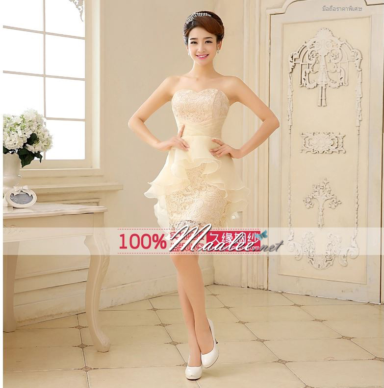 พร้อมส่ง ชุดราตรีสั้น เกาะอก ผ้าลูกไม้แต่งผ้าแก้วระบายชั้นๆ สีครีม