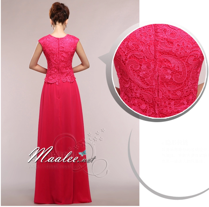 พร้อมเช่า ชุดราตรียาว สีโอรส แต่งลูกไม้ฉลุ กระโปรงผ้าชีฟองพลิ้วสวย