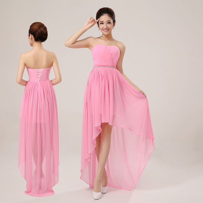 พร้อมเช่า ชุดราตรีสั้น เกาะอก หน้าสั้นหลังยาว สีชมพูอ่อน อัดพลีตหน้าอก คาดเอวคริสตัล