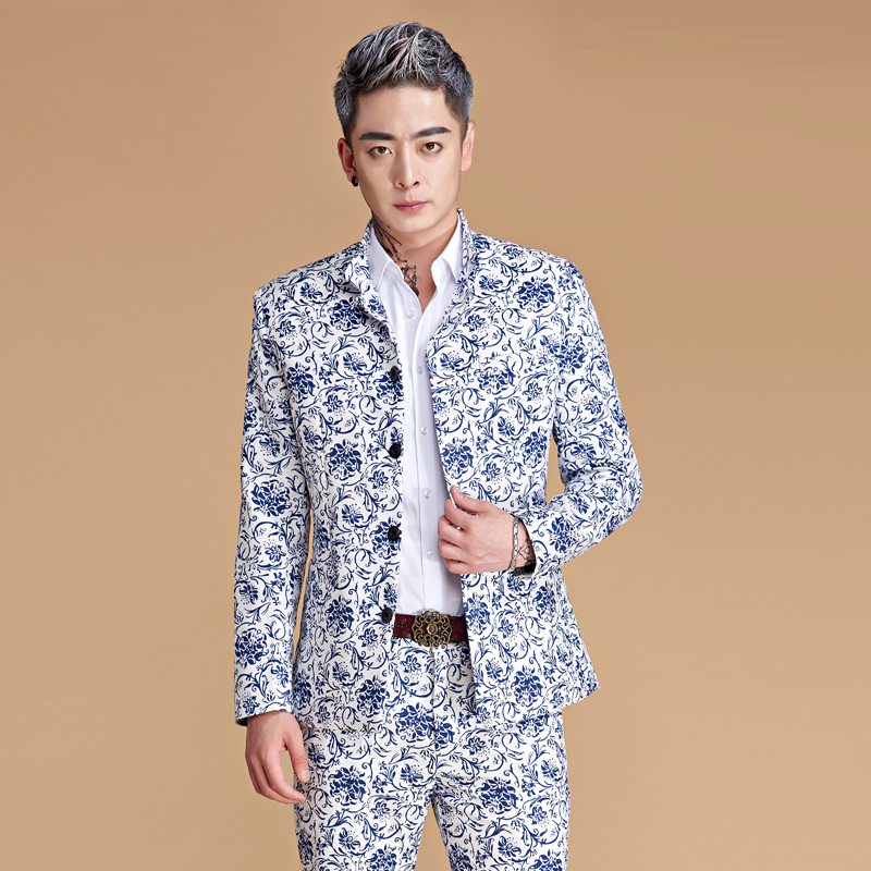 Pre-order ชุดสูทจีนชาย สีขาว พิมพ์ลายกราฟฟิกสีน้ำเงิน สไตล์จีน
