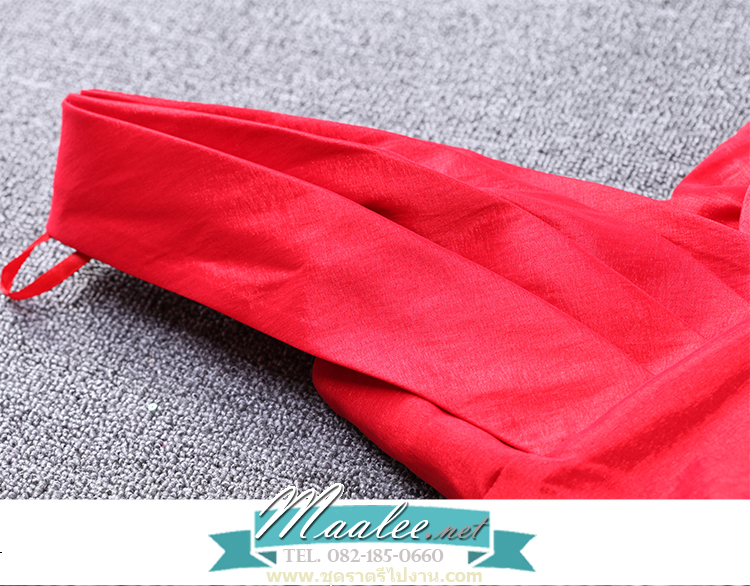 พร้อมเช่า ชุดราตรียาว เกาะอก ไหล่เดียว ทรงหางปลา ผ้าแพรยืดตามตัว แหวกหน้าขา สีแดง