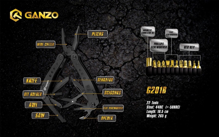 คีมเอนกประสงค์ Multi-Tools Ganzo กานโซ่ รุ่น G201-B สีดำสนิท ของแท้ 100%