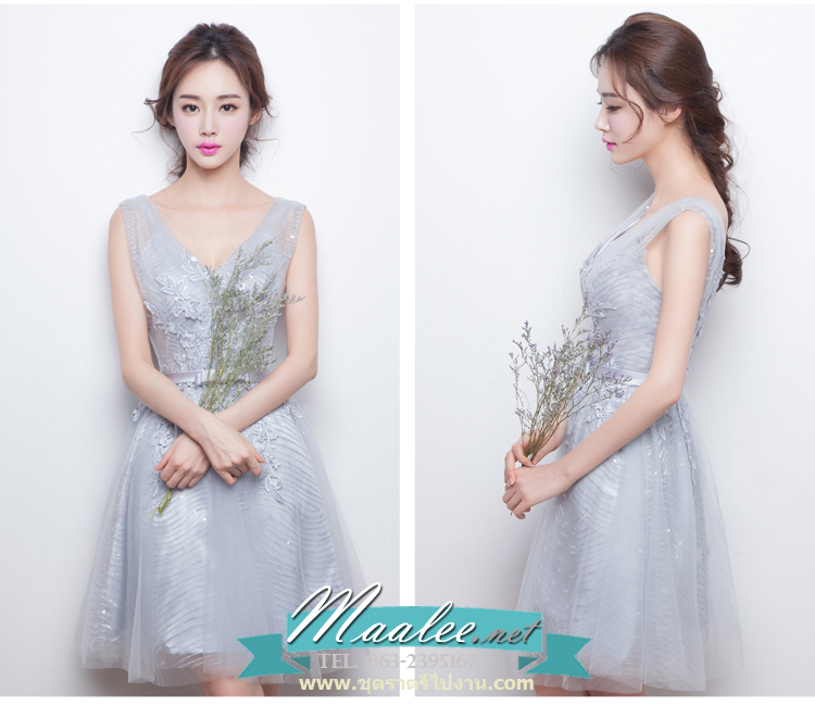 พร้อมเช่า ชุดราตรีสั้น แขนกุด สีเทา แต่งลายลูกไม้ ผ้าตาข่าย ข้างในปักเลื่อมสวย