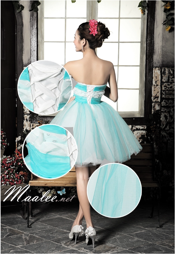 พร้อมเช่า ชุดแฟนซี เช่า 500 ชุดราตรีสั้น เกาะอก สีฟ้า ช่วงอกแต่งดอกเก๋มาก น่ารักฟรุ้งฟริ้ง