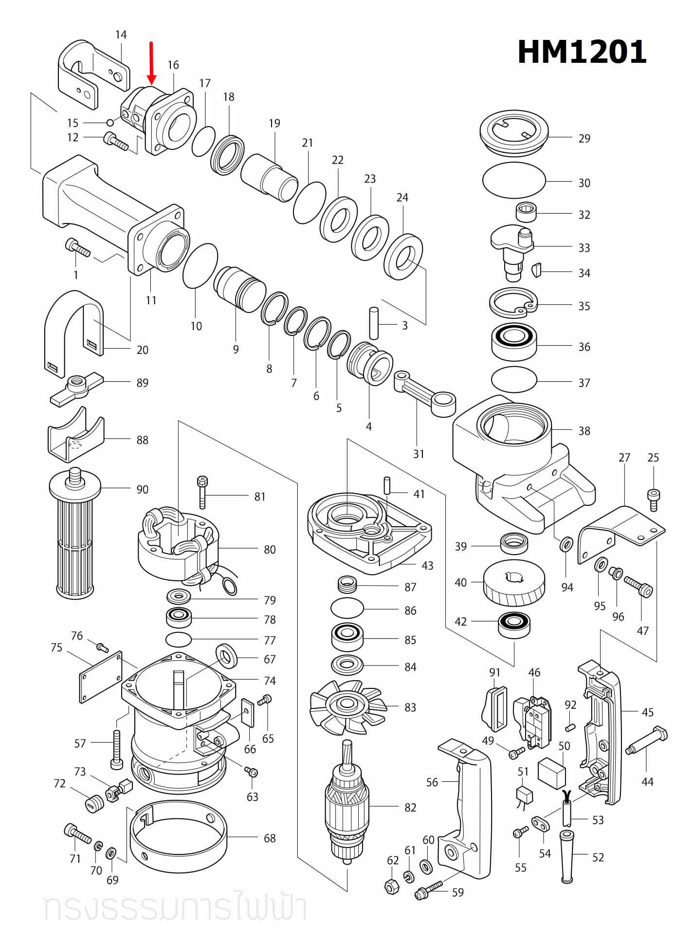 ฐานยึดหัวเจาะ แย้ก Makita มากีต้า HM1201 [#16] Pn.321440-2 (แท้) ##