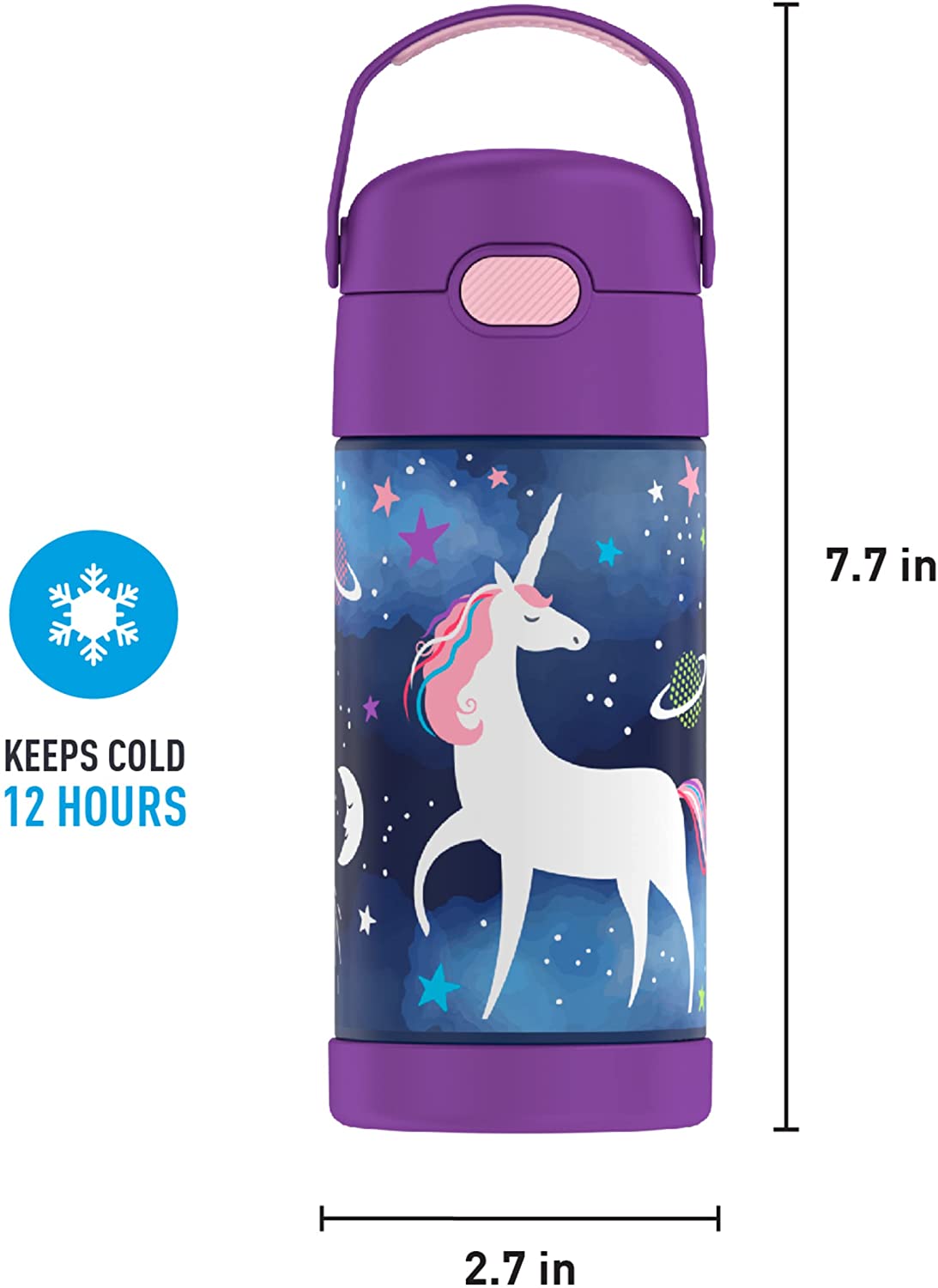 กระติกดูดน้ำแตนเลสหุ้มฉนวนสุญญากาศยี่ห้อ Thermos ของแท้ขนาด 12 ออนซ์ ลาย Space Unicorn