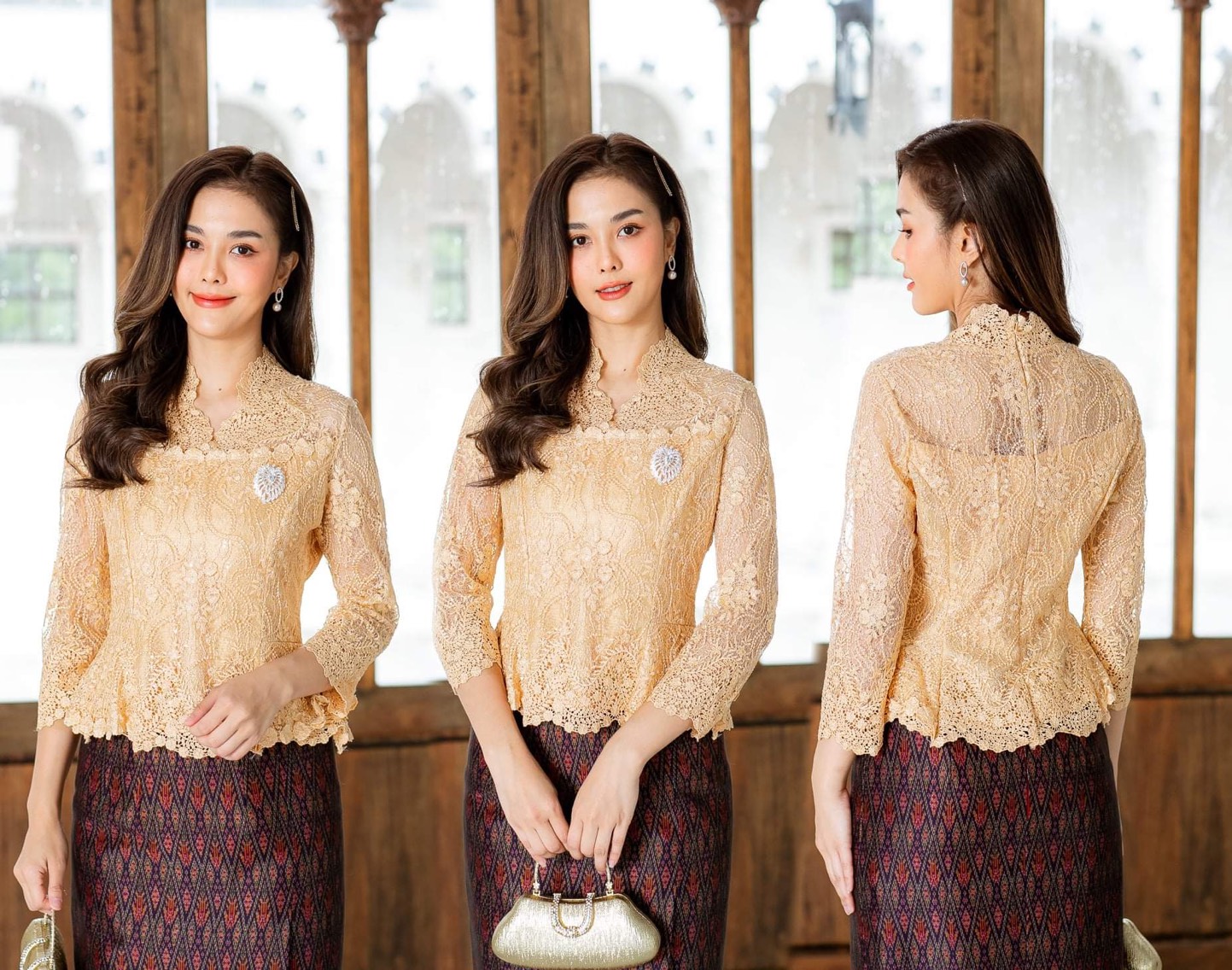 Pro-order เช่า ชุดไทยคุณแม่ เสื้อลูกไม้สีทอง คอตั้ง ผ้าซิ่น แยกชิ้น เรียบหรู **สามารถเลือกเปลี่ยนกระโปรงแบบที่ต้องการได้**