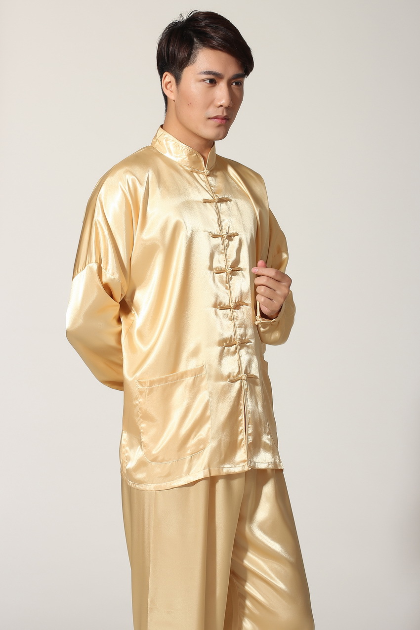 Pre-order ชุดจีนชาย แขนยาวผ้าแพร สีทอง