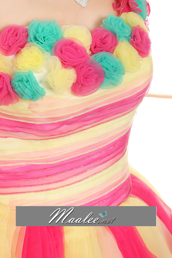 พร้อมเช่า ชุดแฟนซี เช่า 500 ชุดราตรีสั้น ลายทาง สีลูกกวาด แต่งดอกไม้