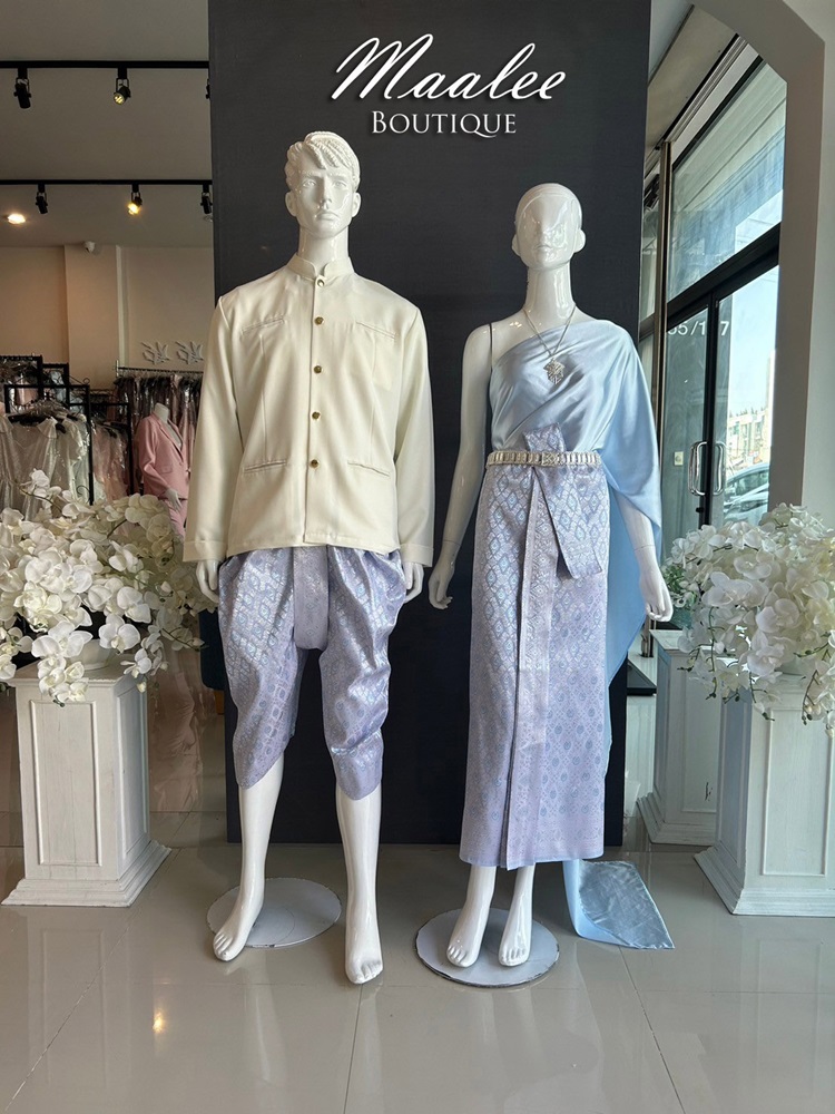 เช่า ชุดไทย ชุดเพื่อนเจ้าสาว ชุดไทยผ้าถุงสีชมพูฟ้าเงิน สไบเรียบสีฟ้า