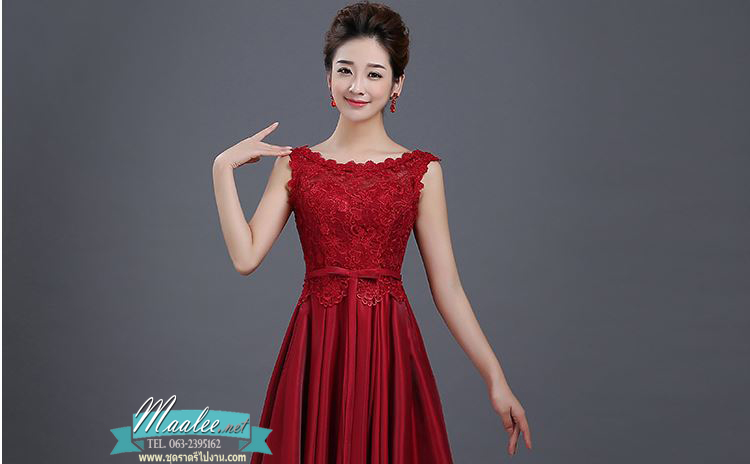 พร้อมเช่า ชุดราตรีสั้น แขนกุด สีไวน์แดง ลูกไม้อย่างดี แต่งโบว์ช่องเอว กระโปรงผ้าซาติน (เชือกผูกหลัง)