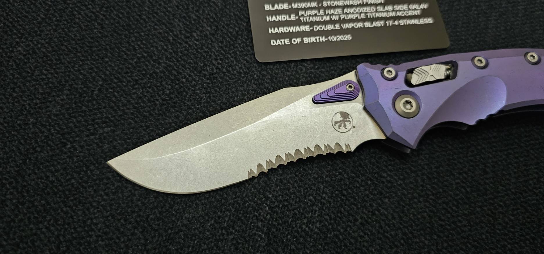 Microtech Marfione Select Amphibian RAM LOK Purple Haze Titanium Handles & Part Serrated Stonewash M390MK w/ Double Vapor Blast & Purple Accents