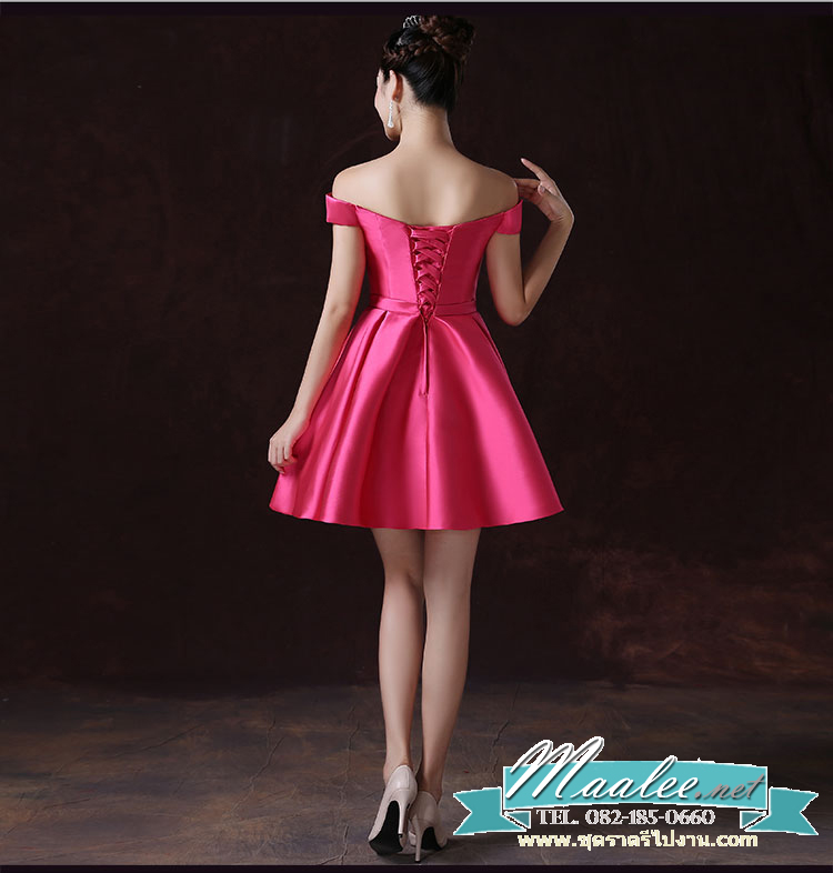 พร้อมส่ง ชุดราตรีสั้น แบบปาดไหล่ ผ้าซาตินเรียบหรู กระโปรงทรงA แต่งโบว์2ชั้น ช่วงเอว สีชมพู Hot pink (เชือกผูกหลัง)