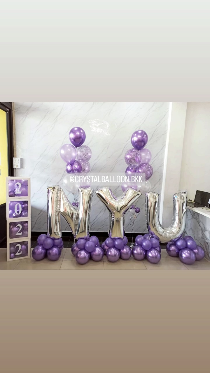 ลูกโป่ง เปิดงาน-เปิดร้าน ช่อลูกโป่ง 7 ลูก 2 ช่อ Theme สีม่วง พร้อมตกแต่ง ฟอยล์ตัวอักษร ขนาด 40" ตั้งฐาน 3 ชิ้น,กล่องใส ติดข้อความ 4 กล่อง,ลูกโป่งใส ใส่กลิตเตอร์ สามารถเปลี่ยนสีลูกโป่ง/เปลี่ยนสี-ฟอยล์ตัวอักษร/เปลี่ยนข้อความได้
