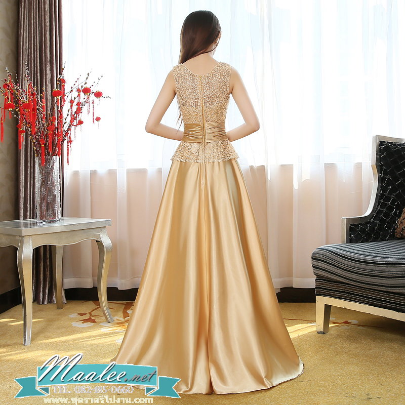 พร้อมเช่า ชุดราตรียาว แขนยาว แต่งลูกไม้ฉลุ ผาคาดเอวซาติน สีทอง สวยเรียบหรู