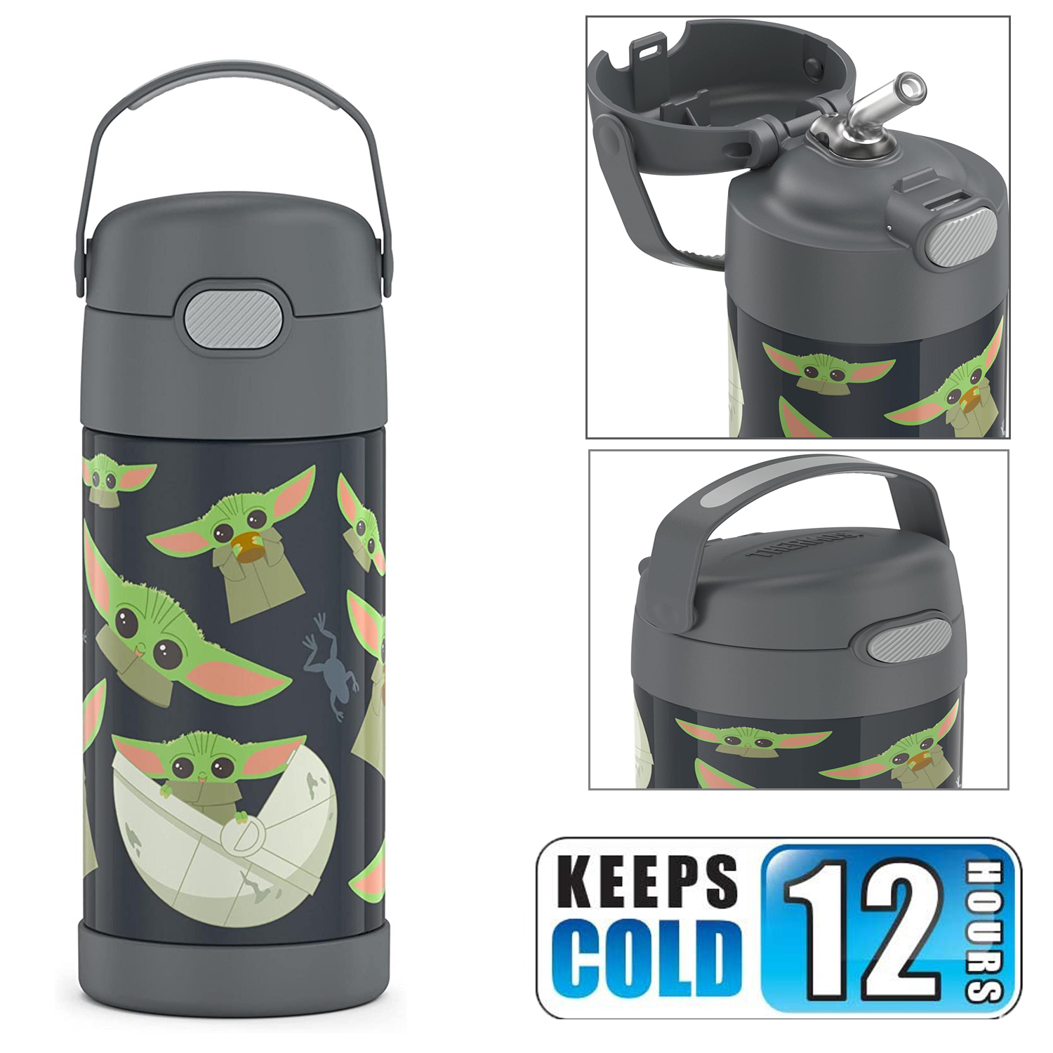 กระติกน้ำเก็บความเย็น มีหูหิ้ว THERMOS FUNTAINER 12 Ounce Stainless Steel Vacuum Insulated Kids Straw Bottle, Mandalorian