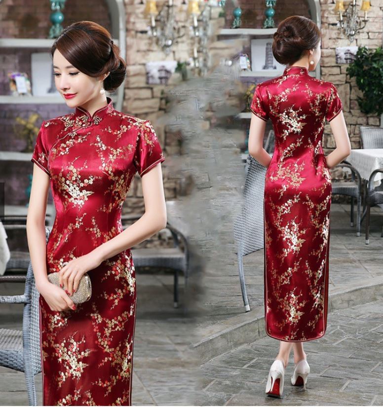 พร้อมส่ง กี่เพ้า สีไวน์แดง ลายดอกบ๊วย Cherry Blossom ผ้าไหมจีน กุ๊นขอบ ตัดเย็บอย่างดี (2XL,3XL,5XL)