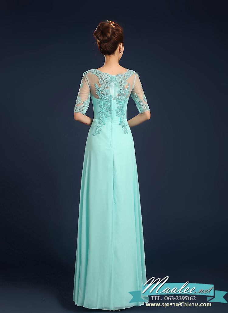 พร้อมเช่า ชุดราตรียาว/แขนสี่ส่วน สีฟ้า ช่วงอกเป็นลูกไม้ แขน-ด้านหลังซีทรู เรียบหรู กระโปรงผ้าชีฟอง (ซิปหลัง)