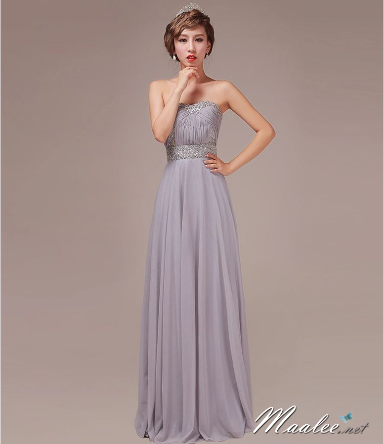 พร้อมส่ง ชุดราตรียาว เกาะอก แต่งเพชรหรู สีเทา