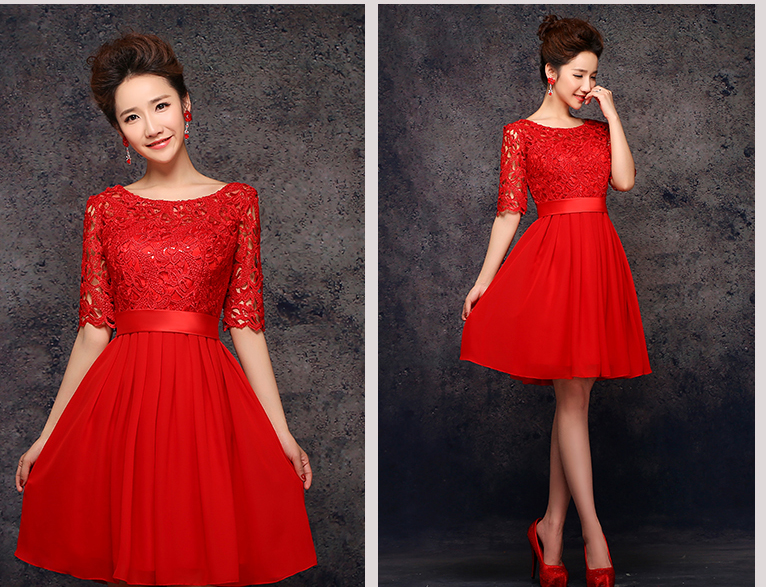 พร้อมส่ง ชุดราตรีสั้น สีแดง แขนสามส่วน ลูกไม้ฉลุ กระโปรงผ้าชีฟอง