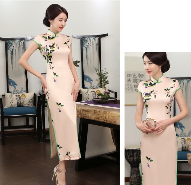 Pre-order กี่เพ้า สีโอรส ลายดอกไม้ ผ้าซาติน กุ๊นขอบ ตัดเย็บอย่างดี