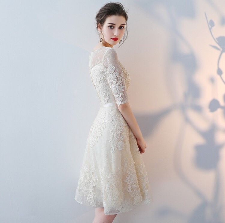 พร้อมส่ง เดรส สีกรมท่า ชุดราตรีสั้น แขนยาว ลูกไม้สวยหรู (ซิปหลัง)