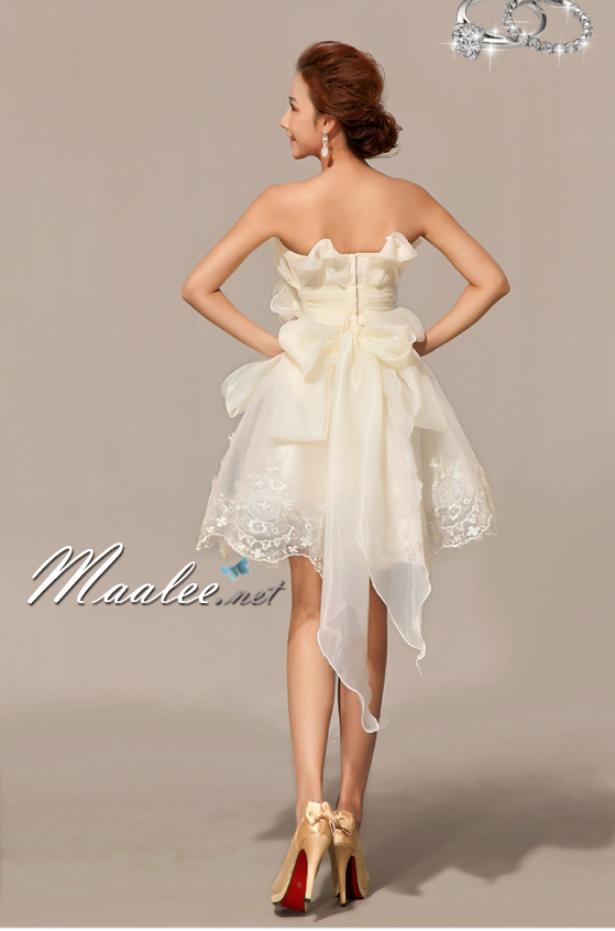 พร้อมเช่า ชุดราตรีสั้น เกาะอก สีครีม Champagne ผ้าแก้วแต่ง Layer กระโปรงลูกไม้