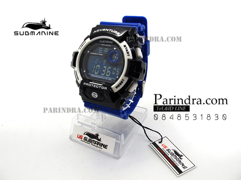 นาฬิกา US submarine TP1329M สีน้ำเงิน-ขาว พื้นหลังน้ำเงิน ระบบดิจิตอล สายซิลิโคนผิวมัน