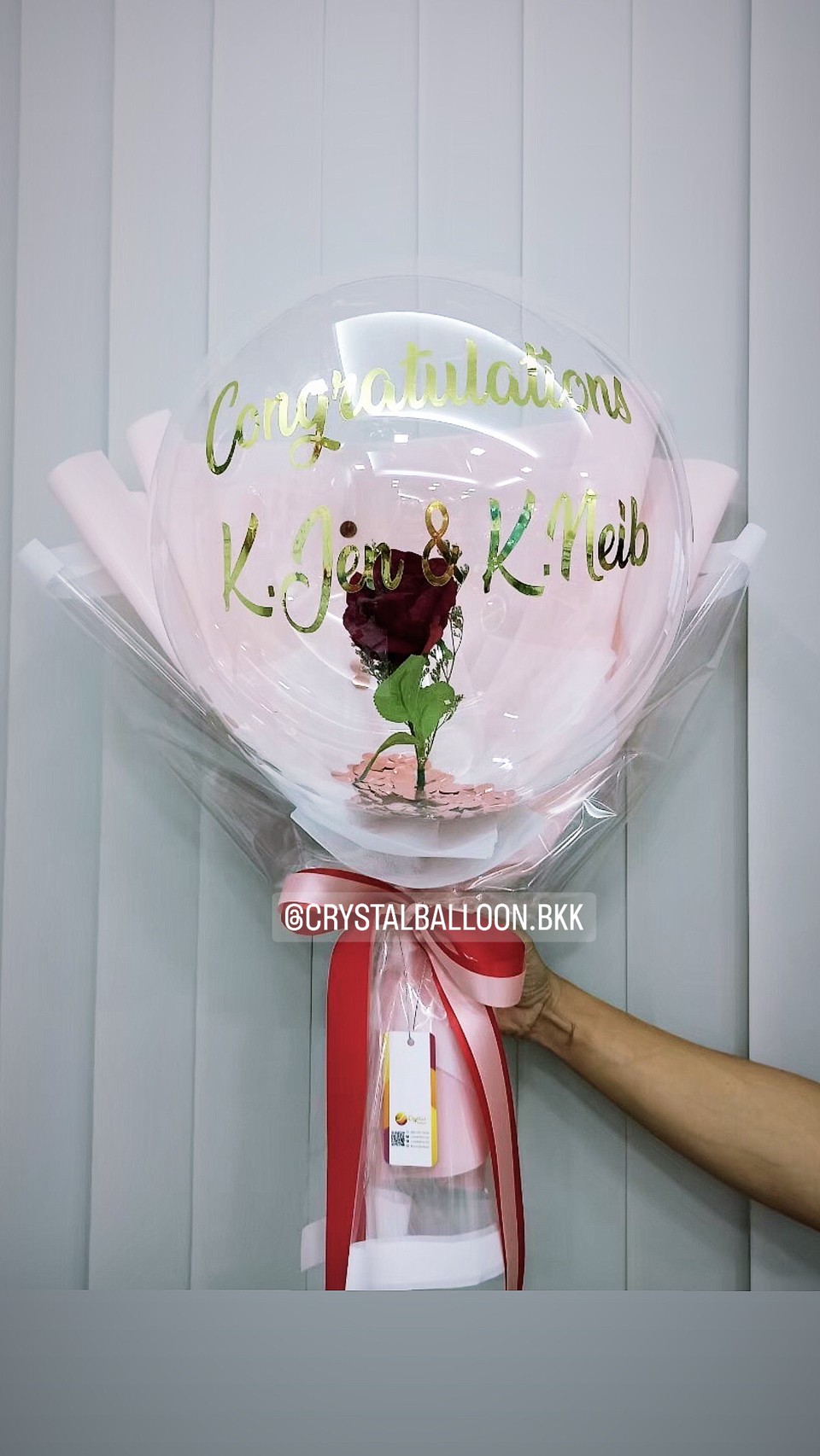 Flower Balloon แสดงความยินดี ดอกกุหลาบแดงประดิษฐ์ 1 ดอก Bubble ขนาด 18" พร้อมตกแต่ง สามารถใส่เงินได้ 30 ใบ สามารถเปลี่ยนข้อความ/เปลี่ยนสีได้