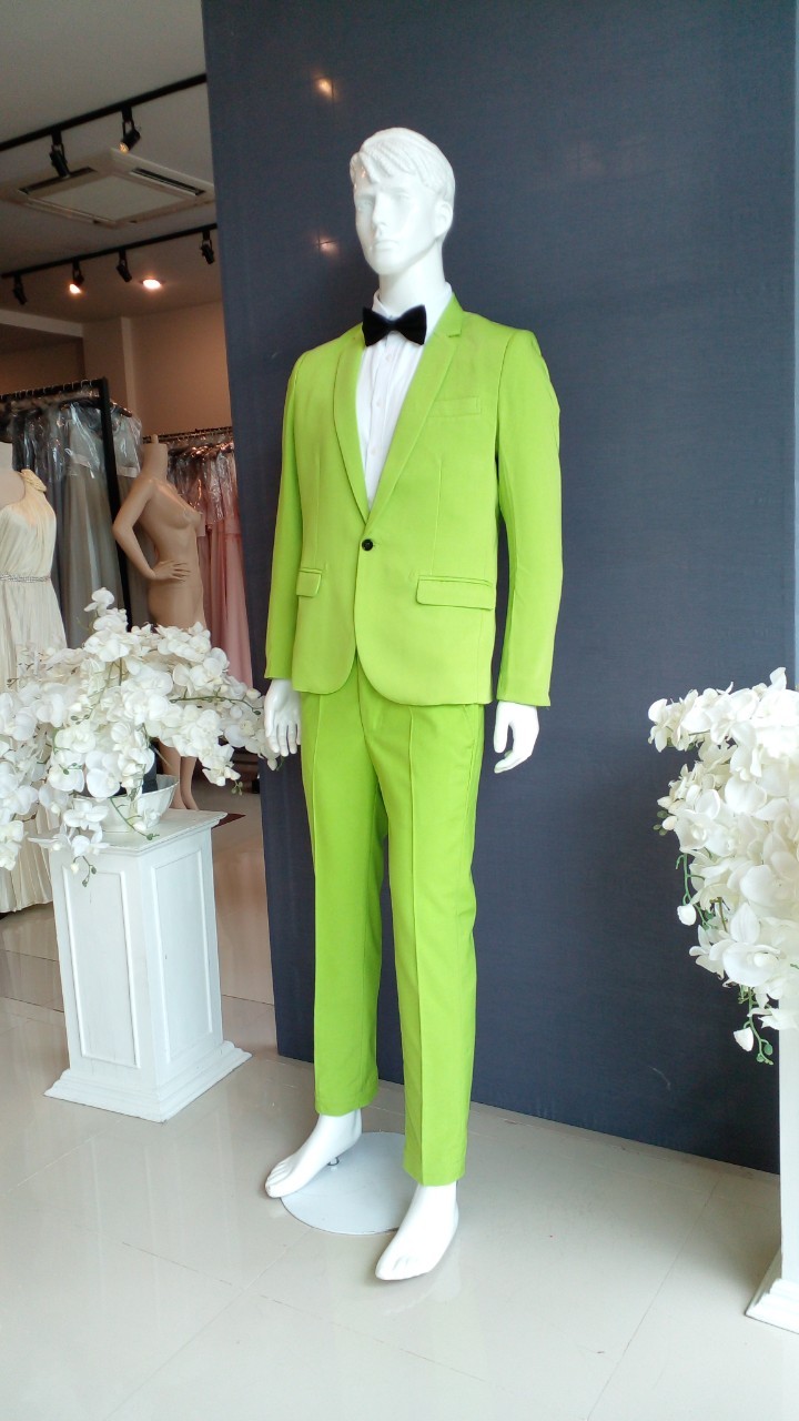 พร้อมเช่า ชุดสูทชาย สีเขียวอ่อน สไตล์เกาหลี (ไม่มีเสื้อกั๊ก)