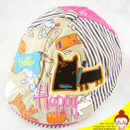หมวกแก๊ปเบสบอลเบเร่ต์ ลายลูกสุนัข (สีเบจ คาดชมพู) หมวกแก๊ปเด็กรุ่นคุณชายน่ารักค่ะ