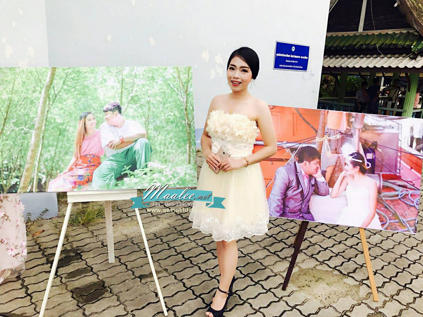 พร้อมเช่า ชุดราตรีสั้น เกาะอก แต่งดอกช่วงอก ผ้าตาข่ายปักเลื่อม แต่งโบว์คริสตัลช่วงเอว สีครีม Champagne