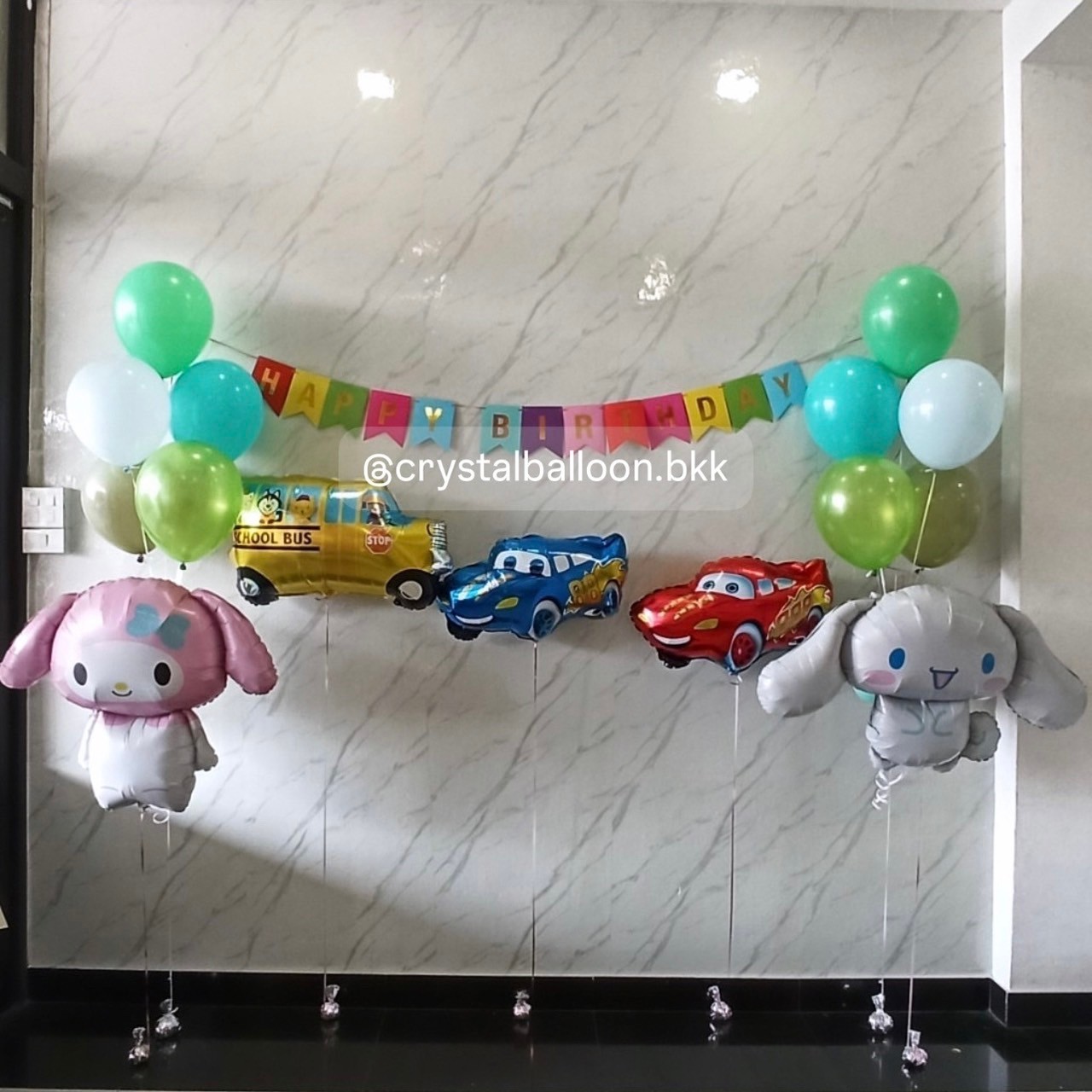 ลูกโป่ง วันเกิด ช่อลูกโป่ง ช่อ 5 ลูก 2 ช่อ โทนสีเขียว พร้อม ป้ายธง Happy Birthday หลากสี 1 ชิ้น,ฟอยล์รถ 3 ชิ้น,ฟอยล์มายเมโลดี้ 1 ชิ้น,ฟอยล์ซินามอโรล 1 ชิ้น พร้อมตกแต่ง สามารถเปลี่ยนสีลูกโป่ง/เปลี่ยนสี-ป้ายธง/เปลี่ยนสี-ฟอยล์ตัวเลข/เปลี่ยนฟอยล์ตกแต่งได้