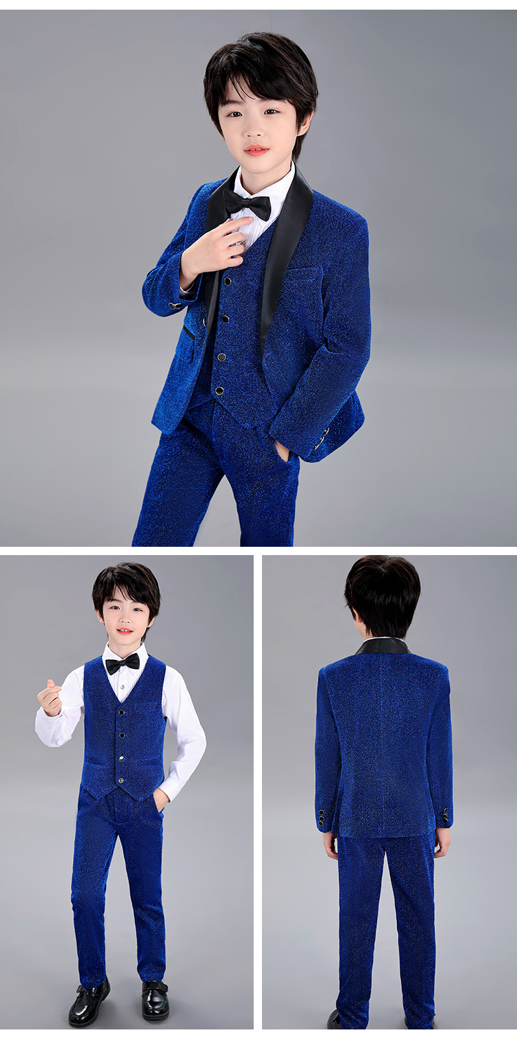 พร้อมเช่า ชุดสูทเด็กชาย สีน้ำเงิน เนื้อกากเพชร แบบหรูหรา (พร้อมเช่าไซส์ 120 , 130 , 150)