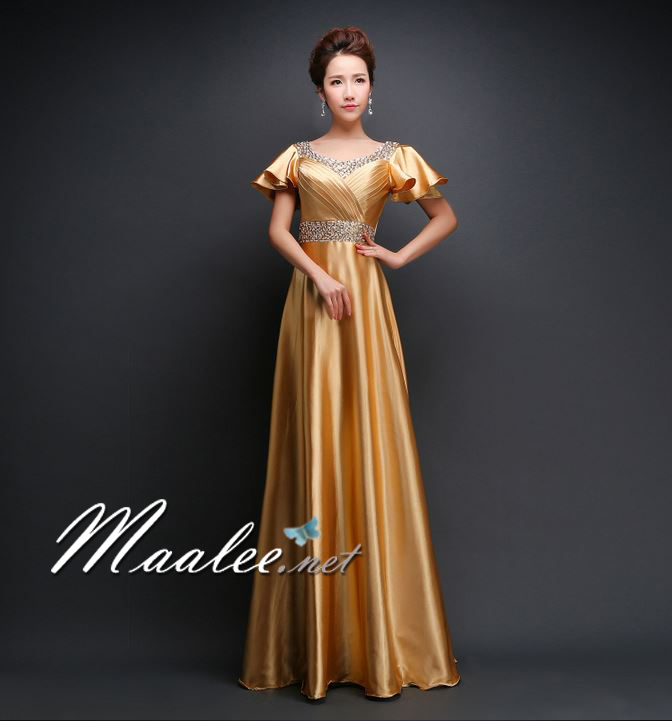 พร้อมเช่า สำหรับสาวไซส์ใหญ่ ชุดราตรียาว แบบแขนสั้น ผ้าซาตินสวยสง่า อกจับจีบปักเลื่อมช่วงอก-เอว สีทอง (เชือกผูกหลัง)