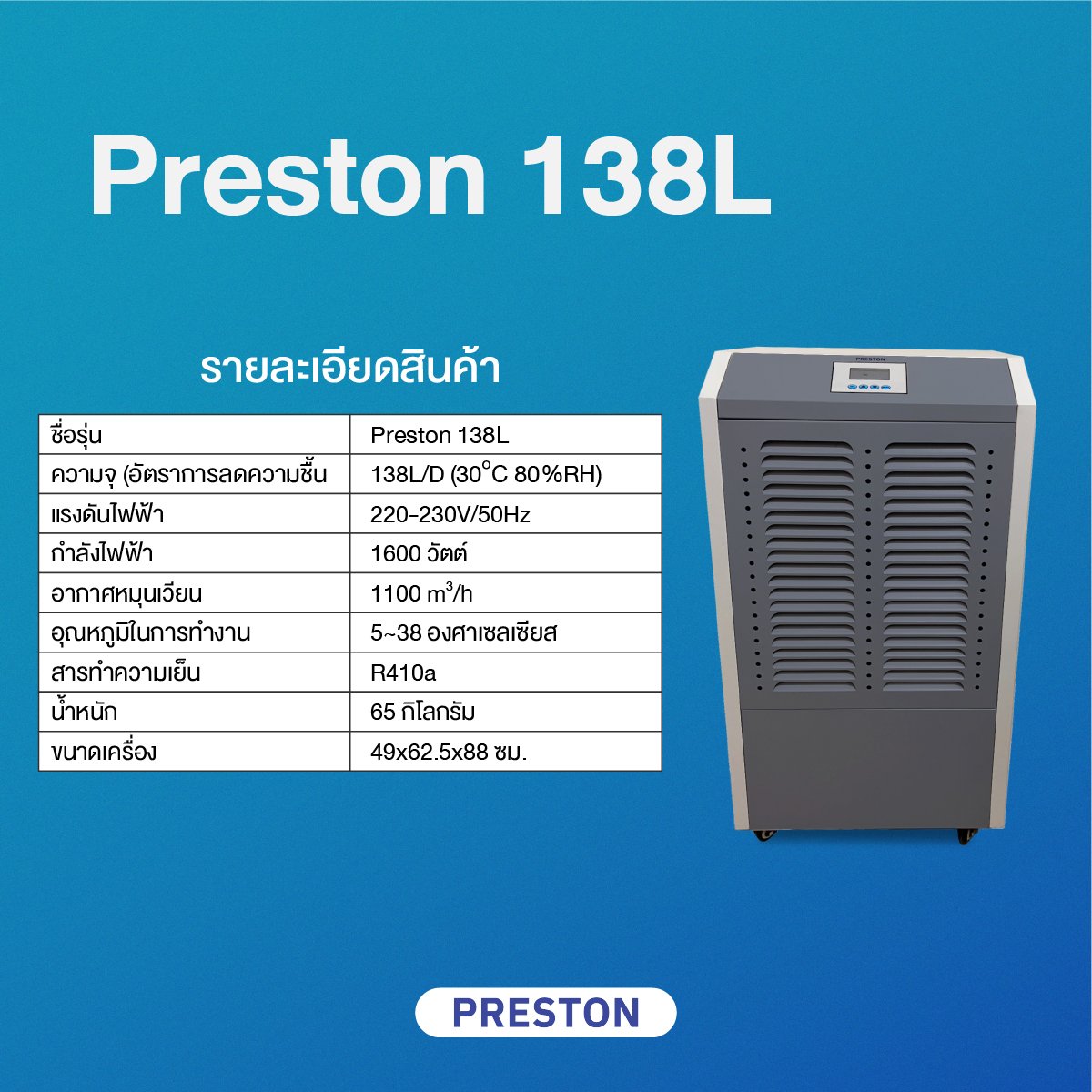 เครื่องลดความชื้นอุตสาหกรรม PRESTON รุ่น PRESTON 138L